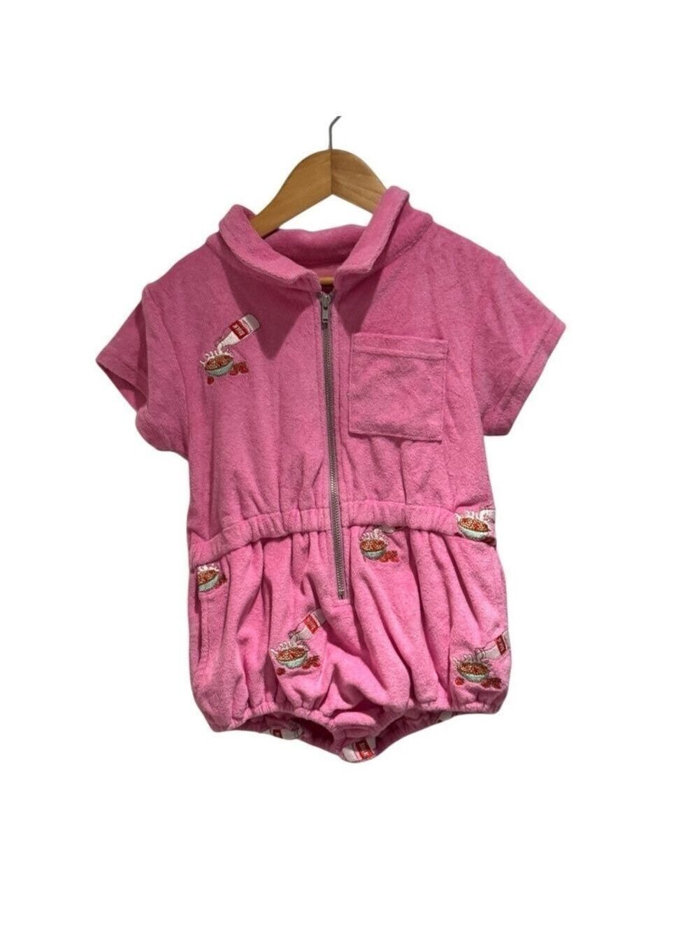 HUGO LOVES TIKI Pink Terry Romper with Embroidered Print - size 6 (fits 3/4)